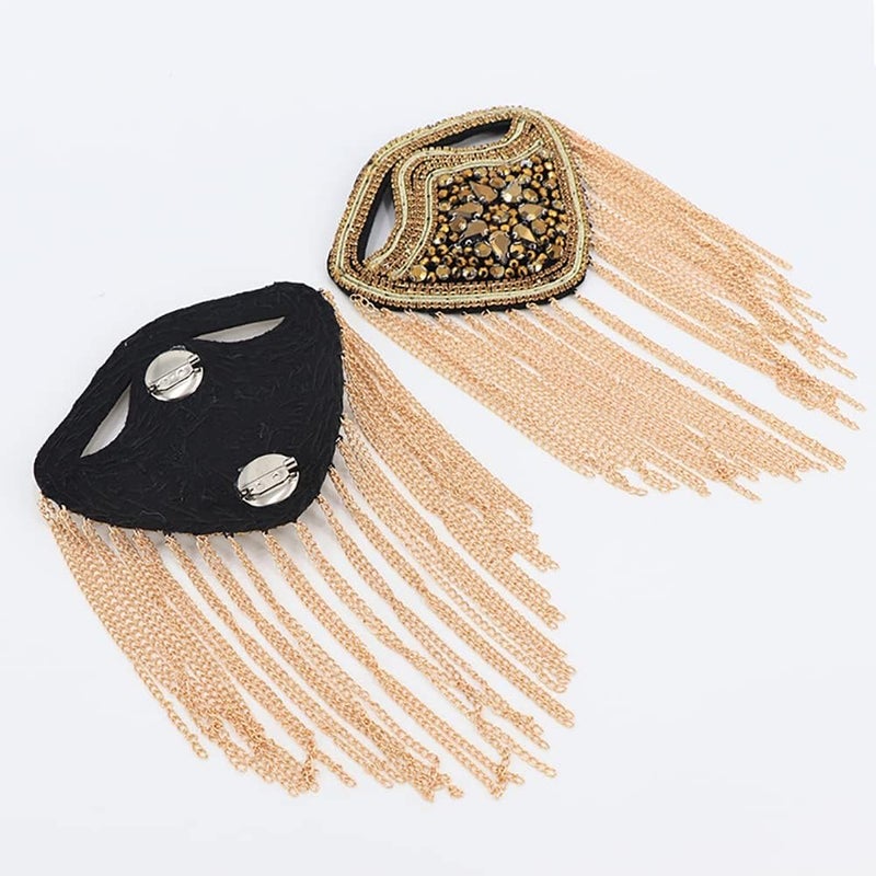 Zthread Crystal Beaded Shoulder Epaulete Badge Rhinestone Shoulder Brooch Pin Gold Chain Tassel Fringe Shoulder Epaullette (Gold) - Image 5